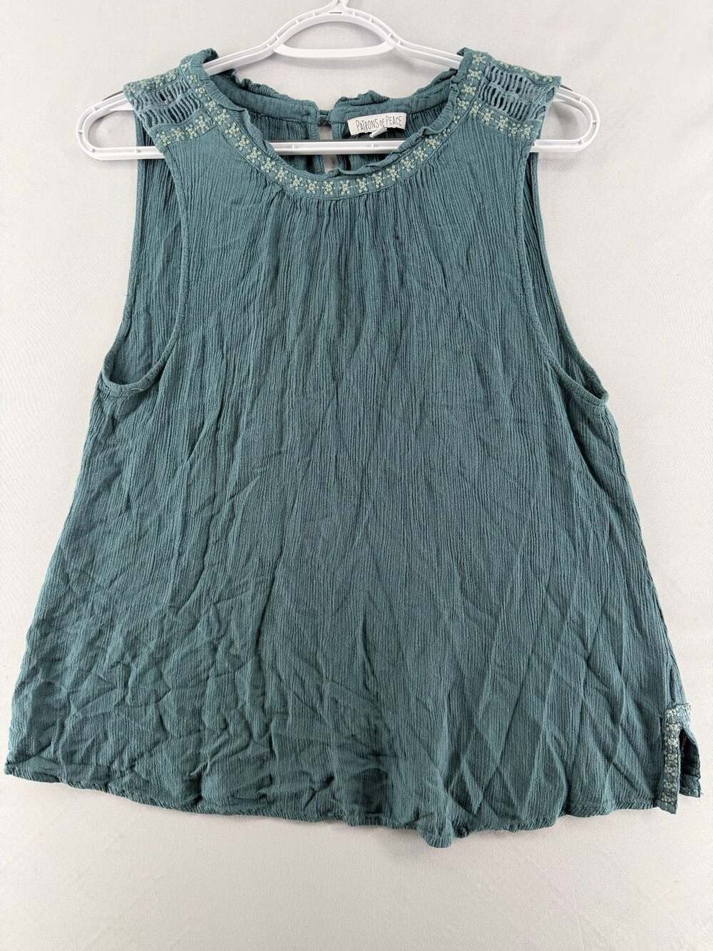 1338 M Patrons of Peace Teal Green Sleeveless Embroidered Gauze Top